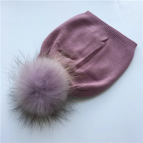 Purple match fur Шерстяная хлопковая вязаная шапка с меховым понпоном, женская зимняя меховая норковая шапка, осенне-Весенняя вязаная шапка, шапка из натурального меха енота - Цвет: Purple match fur