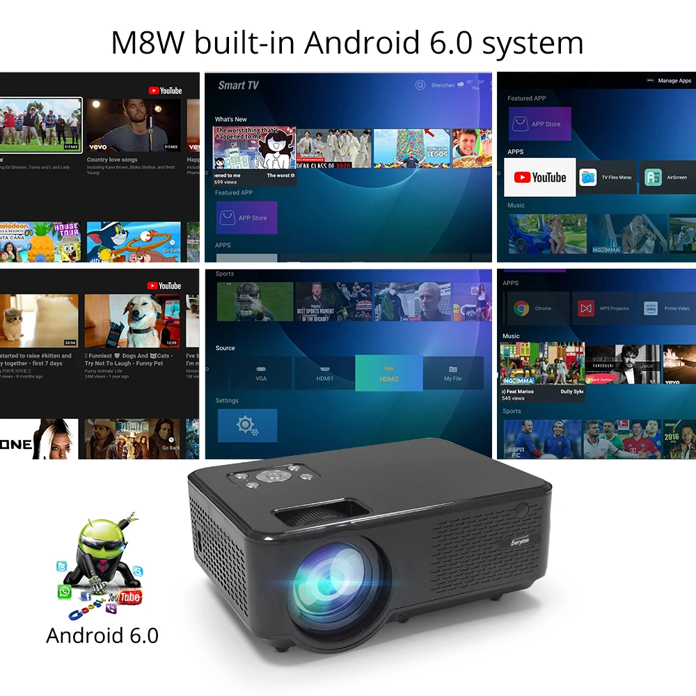 Everycom M8 mini Projetor 720P Apoio Max 1080P Beamer AC3 Áudio Android 6.0 Bluetooth Wi-fi De Vídeo LEVOU 4000 Lumens Home Theater,Este é um código de desconto 50 menos 7: DISC7-1