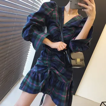 

Korea fashion plaid women Ruffles V neck Drawstring party dresses 2020 Casual style puff sleeve spring mermaid dress femme