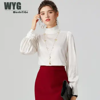 

High Quality 100% Natural Silk Blouses 2020 Autumn New Embroidery Stand Collar Long Sleeve Solid White Black Shirts Tops