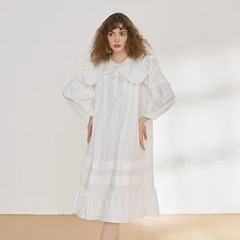 

2020 new summer and autumn fashion 100% cotton lantern sleeves white peter pant collar loose ruffled dress female