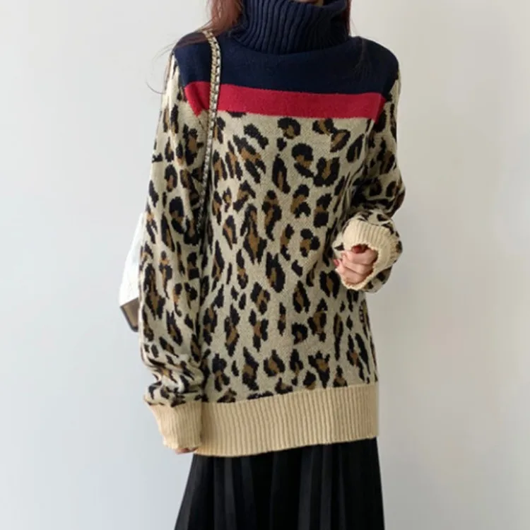 

2019 South Korea CHIC Autumn & Winter New Style High Quality Thick Leopord Pattern Contrast Color High Collar Mid-length Sweater