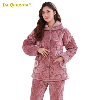 

Turn Down Collar Homesuit Homeclothes Sleepwear Fashion Casual Style Pajamas Set Front Pocket 3 Layers Padded Cotton + Velvet