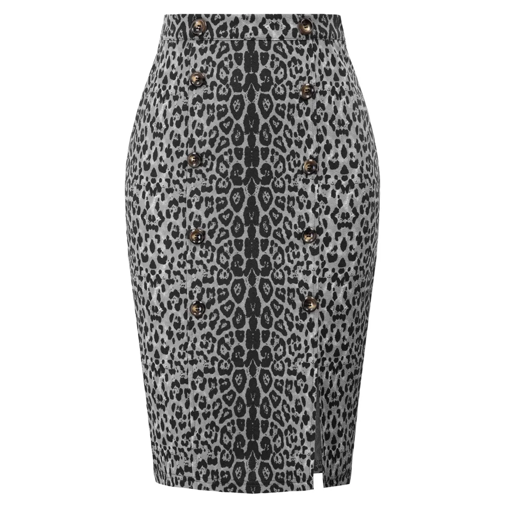 

KK Women skirt Leopard elegant OL sexy Split Skirt Hips-Wrapped Bodycon Buttons knee-length slim business office skirts falda