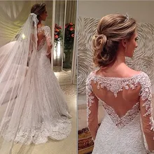 

Vestidos De Noiva 2019 Vintage Scoop Neck Applique Sheer Back Long Sleeves A Line Lace Wedding Dresses Bridal Gowns BO6022