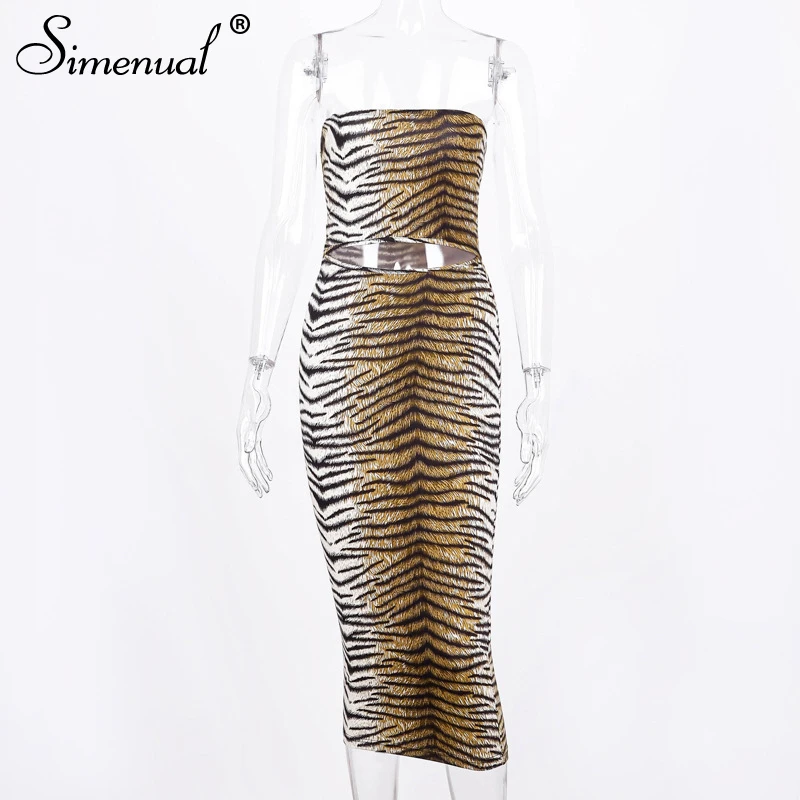 Simenual Tiger Print Sexy Hot Party Dress Women Strapless Fashion 2019 Bodycon Dresses Hollow Out Clubwear Skinny Midi Dress New