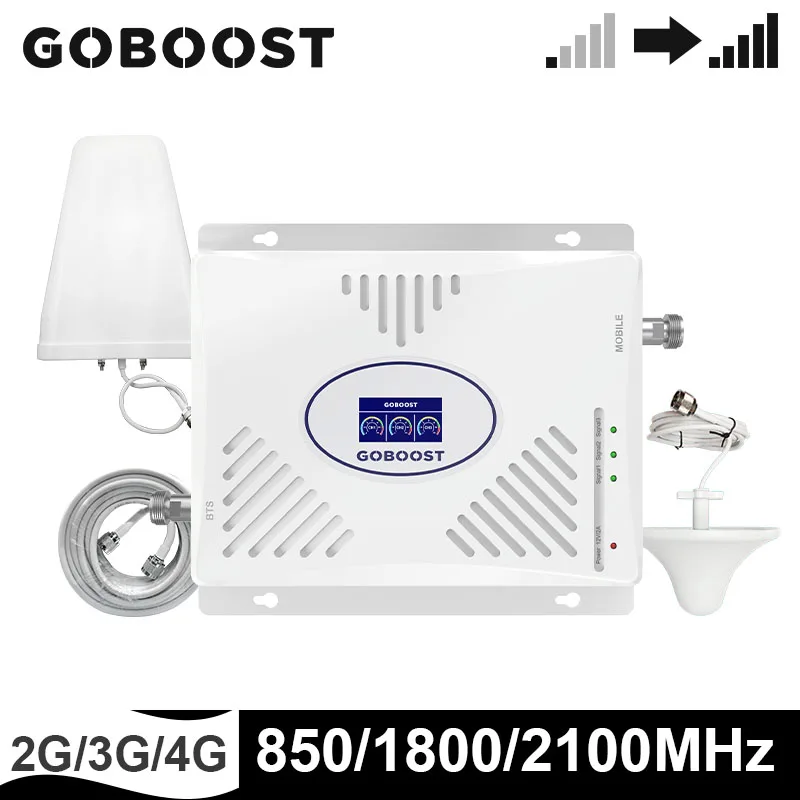Трехдиапазонный усилитель сигнала GOBOOST 2g 3g 4g 850 1800 2100 МГц GSM band 5 Band 1 3 антенна с