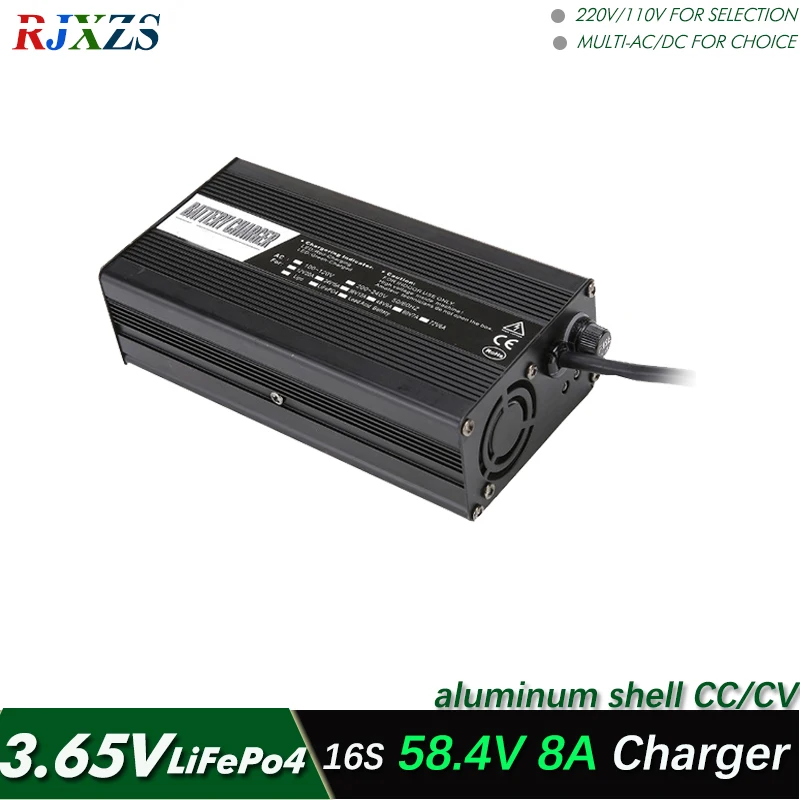 

58.4V 8A charger for 16S LiFePO4 battery pack 48V battery smart charger with fan support CC/CV