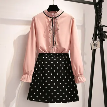 

2020 Summer Office Women 2 Piece Set Single breasted Lace up Bow Chiffon Blouse Shirt + Polka Dot A-line Skirt Work Set Suit