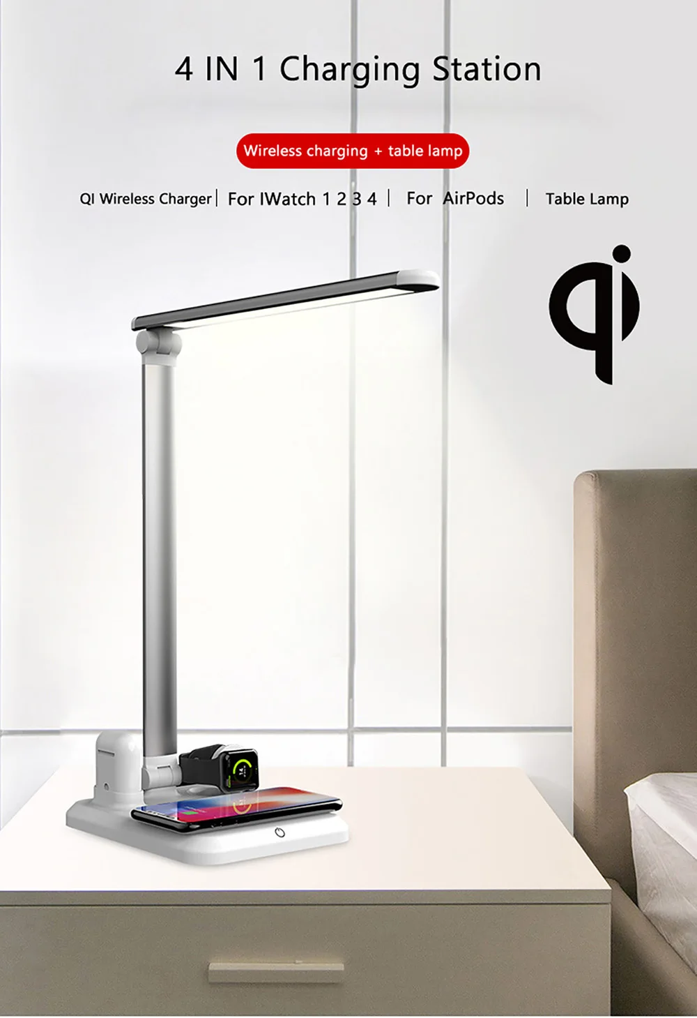  Qi Wireless Charger 4 In 1 LED Desk Lamp Light for IPhone XS XR X 8 Apple Watch 4 3 Airpods Samsung - 4000229225964