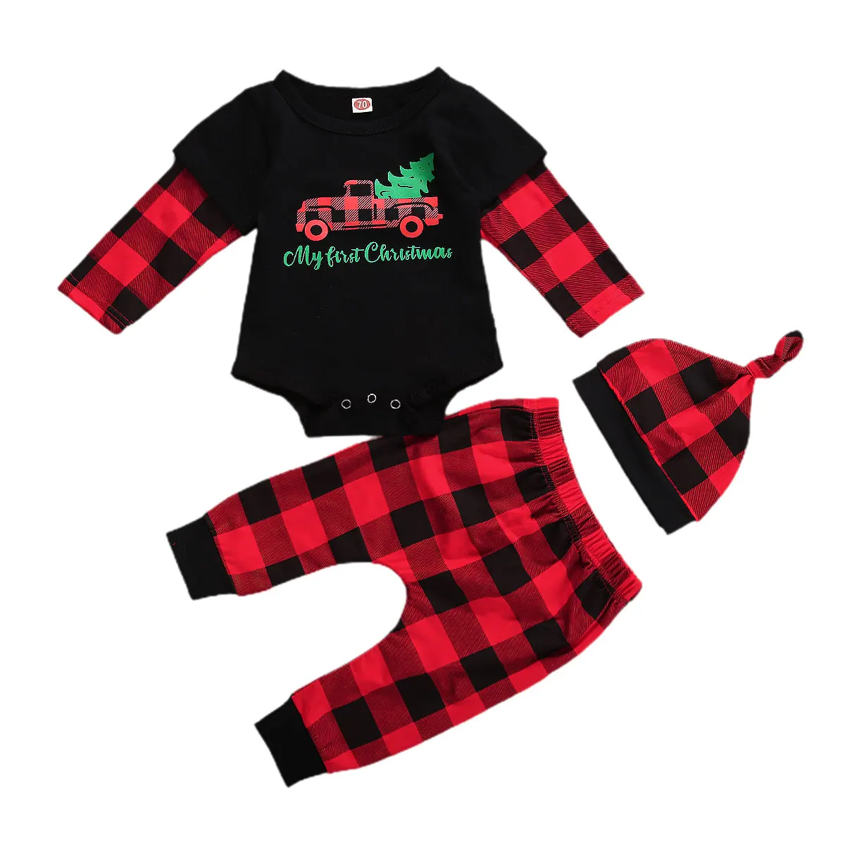 

3Pcs Newborn Plaid Outfits Infant Toddler Baby Girls Boys Round Neck Letter Romper Elastic Trousers Beanie Christmas Set 0-12M