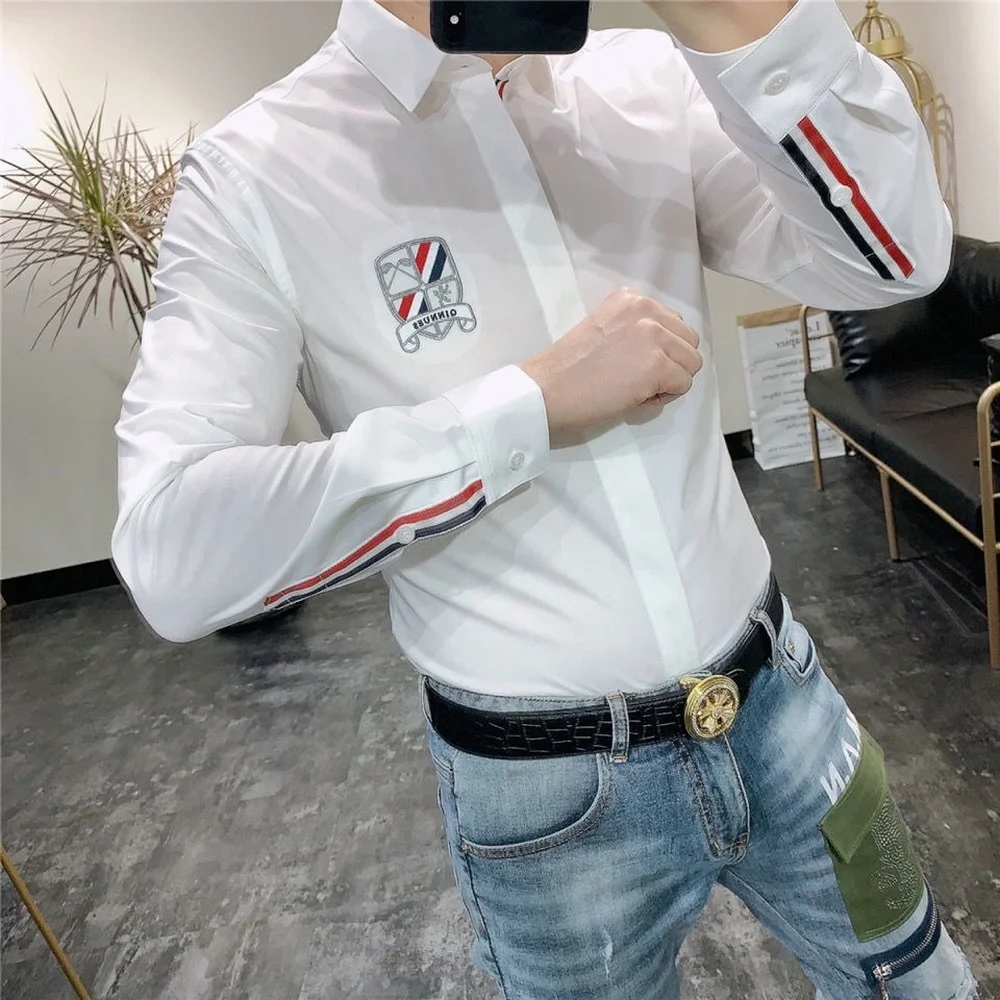 New White Single-breasted Men's Long-sleeved Shirt, Korean Fashion  Printing Striped Shield Pattern  Slim Fit  Shirt Men