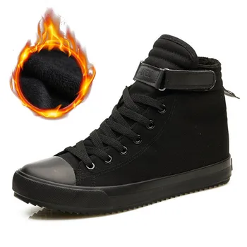 

New Men High top Lace-Up Sneakers Cold Winter Warm Thick Fur Canvas Ankle Snow Boots Black White Male Casual Booties Footwear