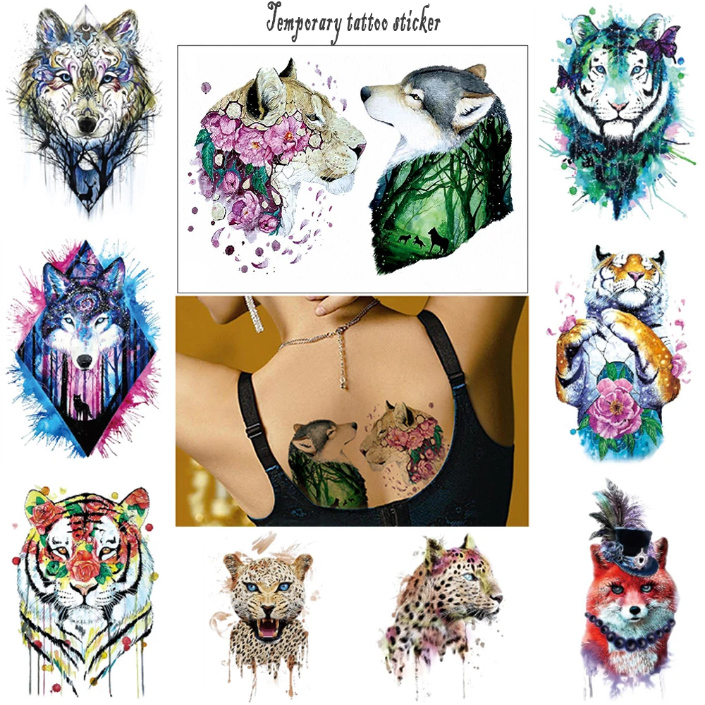 

Animal temporary tattoo stickers Snake bear fox wolf Waterproof fake tattoo Flower dove color tattoo Lips fairy body art tattoo