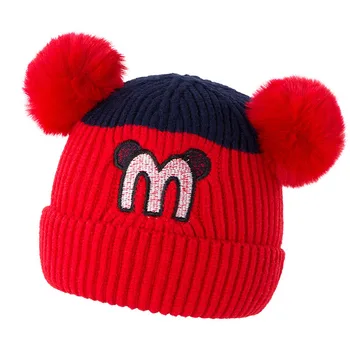 

M Patchwork Baby Hat 2019 Christmas Kids Boys Girls PomPom Hat Knit Skull Cap Solid Cotton Lining Thick Toddlers Molding Cap