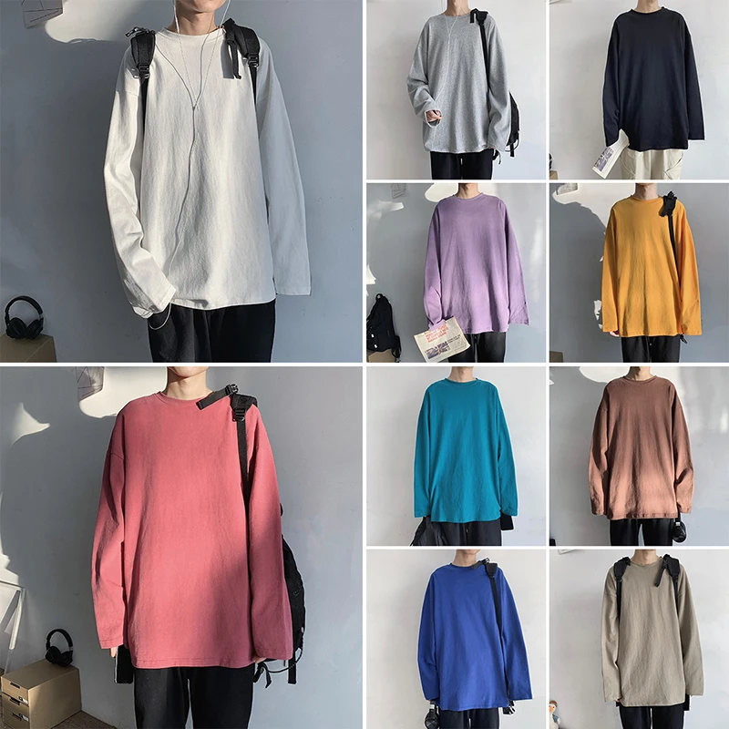 

Long Sleeve T-shirts Men Oversize O-neck Casual Solid Long T Shirt Men Spring Autumn Loose Tee Shirt Men Tops Tee 10 Color