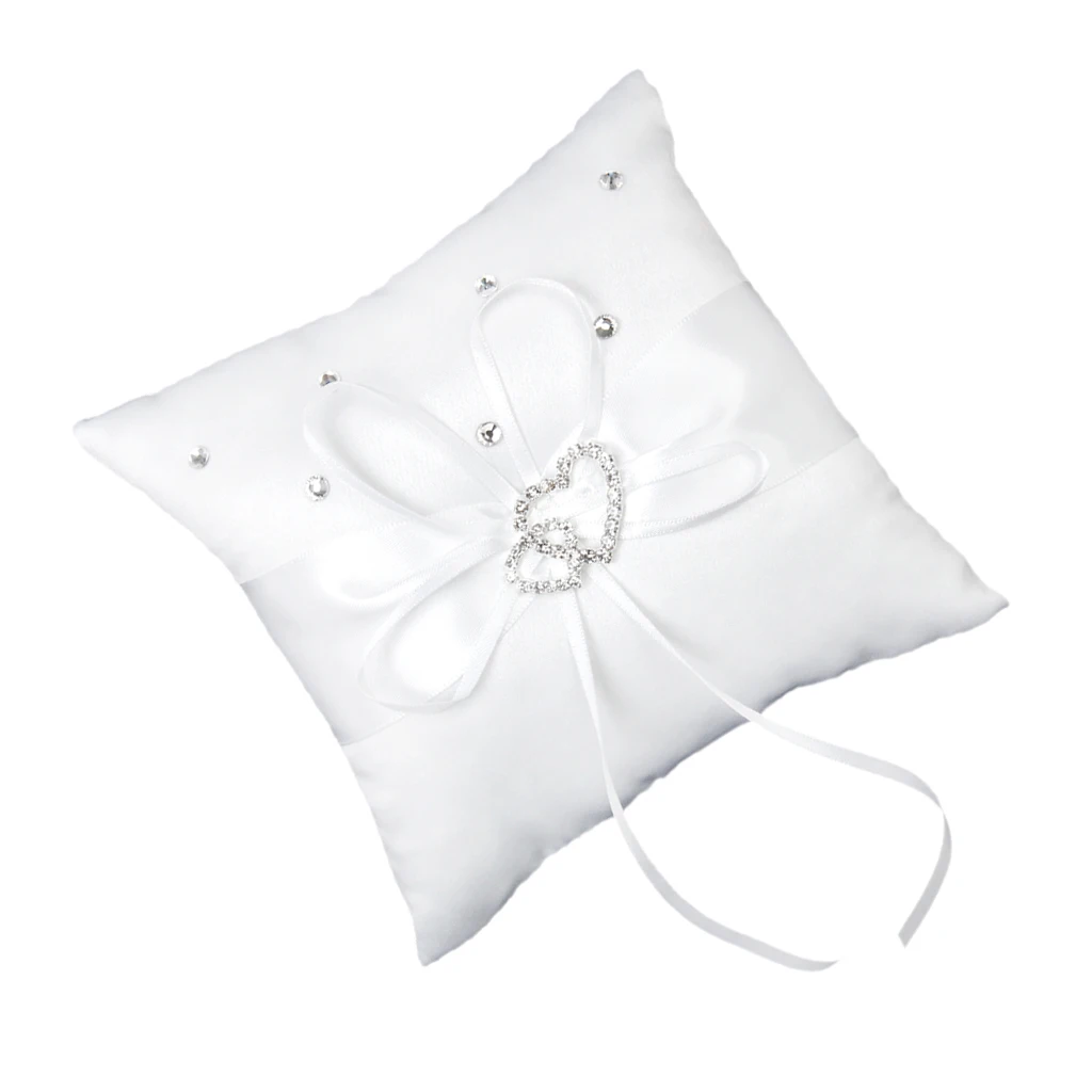 Satin Bridal Ring Cushion White W/ Shiny Love Heart Diamante Wedding Pillow 6