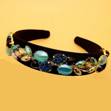 Широкие винтажные барокко Синие стразы для волос драгоценный камень кристалл опал оголовье для женщин роскошные украшения для волос аксессуары