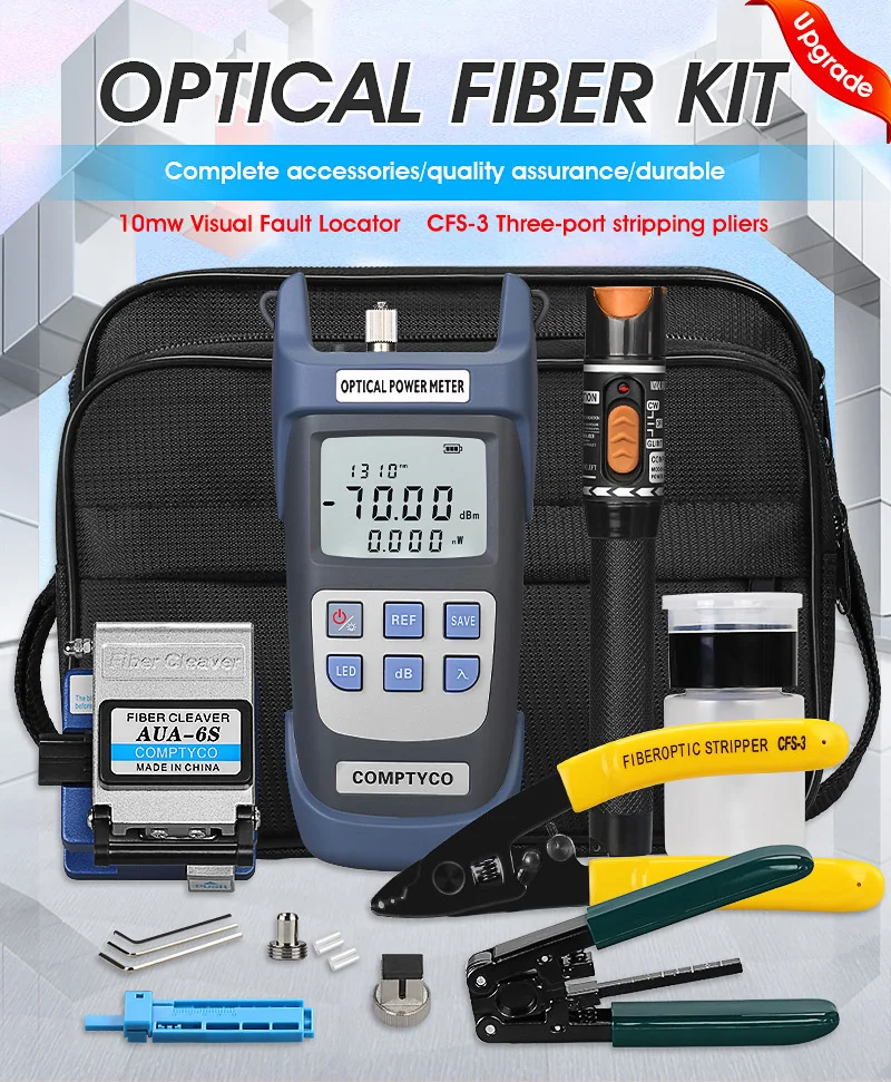 

19pcs FTTH Fiber Optic Tool Kit with Cleaver -70~+10dBm Optical Power Meter Visual Fault Locator 10mw VFL AUA-6S