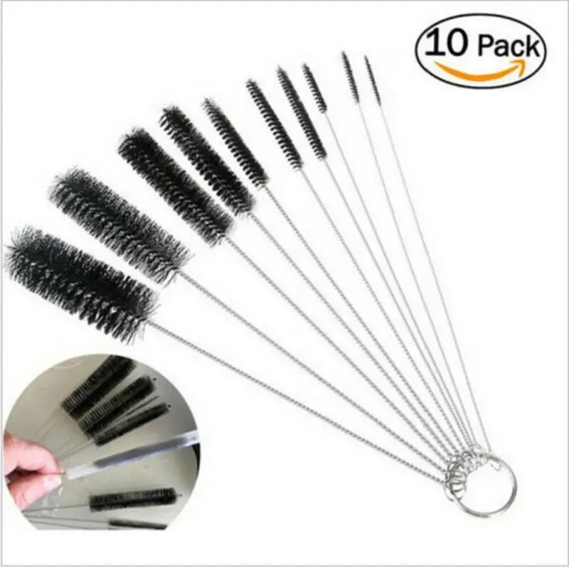 10Pcs Set Nylon Straw Brush Cleaner Bottle Tube Pipe Small Long Tool  White/Black