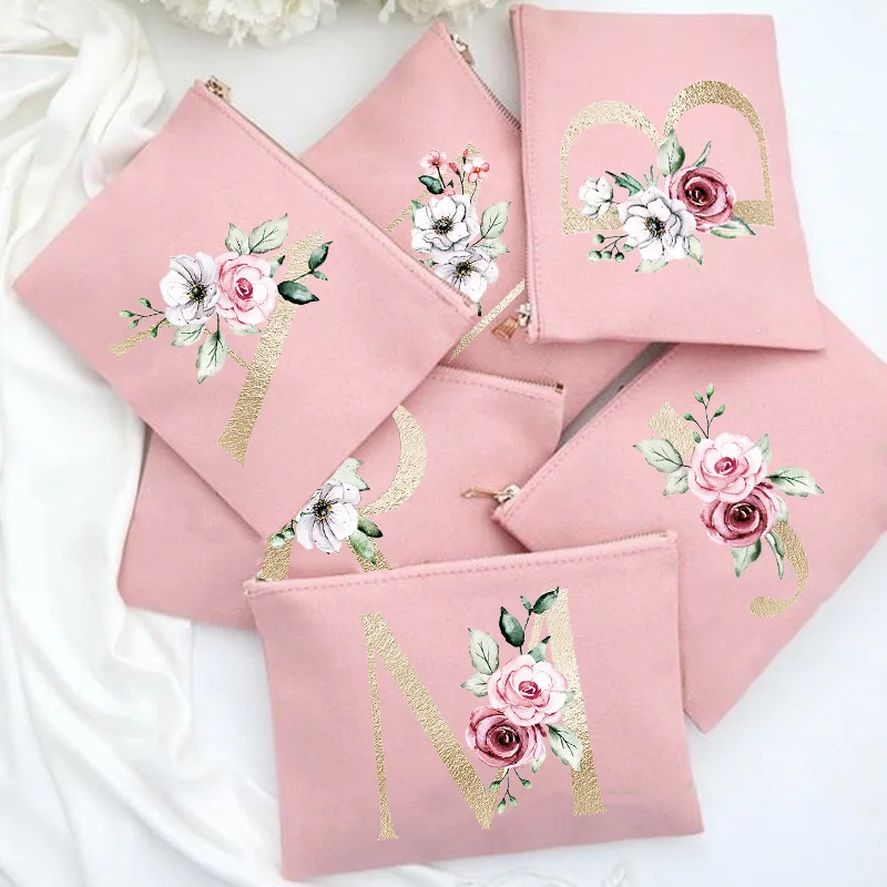 

Bridesmaid Makeup Bag Floral Letter Print Cosmetic Bags Bridal Party Make Up Case Pouch Necessaries Lady Purse Tote Wedding Gift