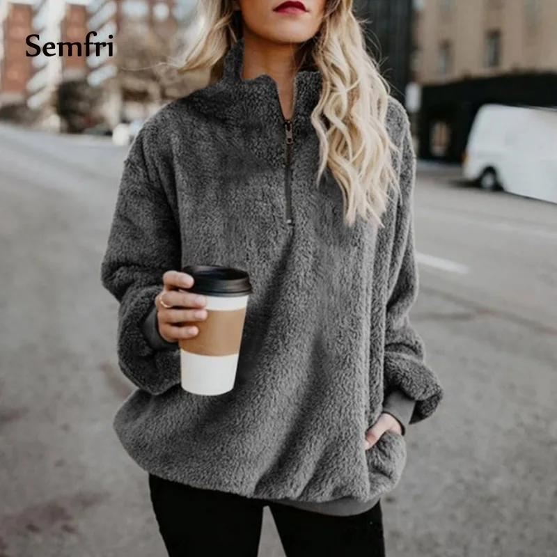 Semfri, женская зимняя толстовка, куртка, женское флисовое пальто, полумолния, негабаритный, спереди, с капюшоном, драпированные карманы,, свободные топы