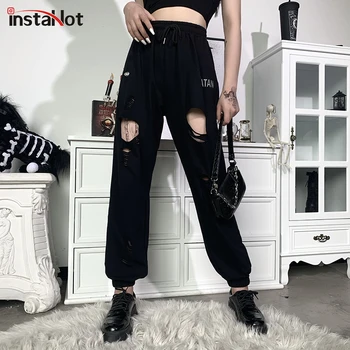 

InstaHot women sweatpant hole cotton drawstring waist black streetwear black casual trousers letter print summer cargo pant 2020