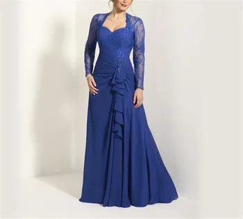 

Royal Blue 2019 Mother Of The Bride Dresses A-line Long Sleeves Chiffon Lace Plus Size Long Groom Mother Dresses For Weddings