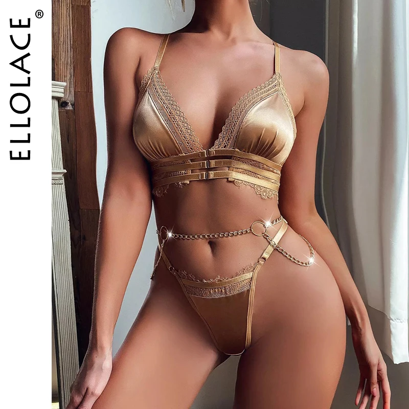 plus size underwear sets Ellolace Khaki Sexy Lingerie Lace Patchwork Underwear with Chain Garters 3-Piece Eroric Bilizna Set Short Skin Care Kits white underwear set Bra & Brief Sets