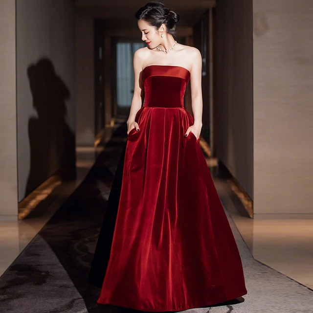 Robe De Soiree Wine red Long Dresses 2020 Length Vintage Velvet Cheap Prom