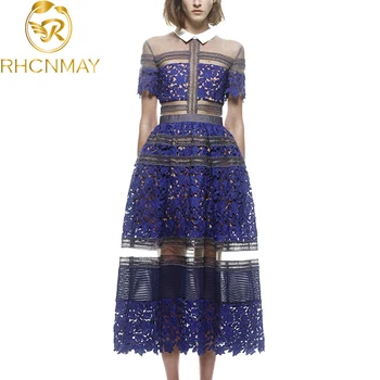 

2020 High-Quality Self-Portrait Runway Women Long Dress Hollow Out Lace Patchwork Turn Down Collar Party Dress Vintage Vestidos