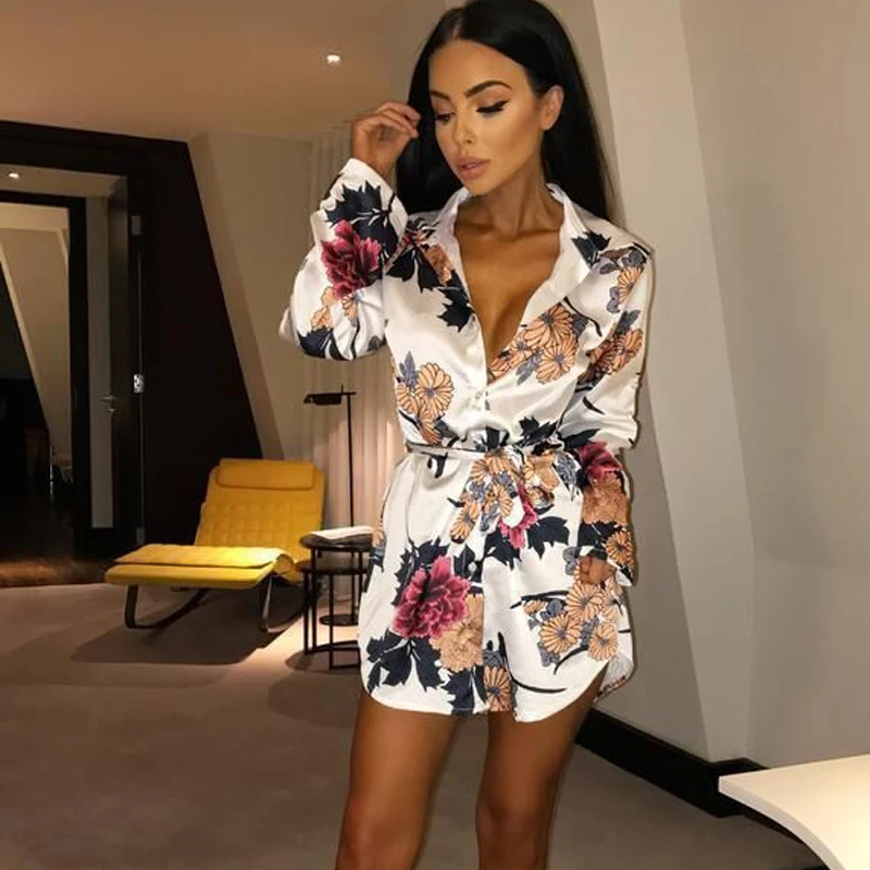 Summer Sexy Women Silk Satin Shirt Dress Ladies Print Floral Long Sleeve Loose Short Mini Dresses Beach Party Dress