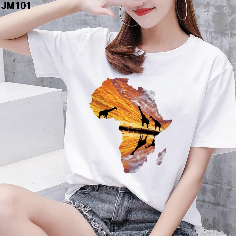 

Harajuku Summer Women's T-shirt Sunset Landscape Animal Print Female T shirt Fashion Cartoon Short Sleeve White Tops Lady Tshirt