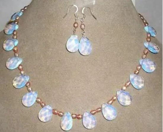 New Pink pearl / Sri Lanka Moonstone Drops Pendant Necklace Earrings Jewelry Set