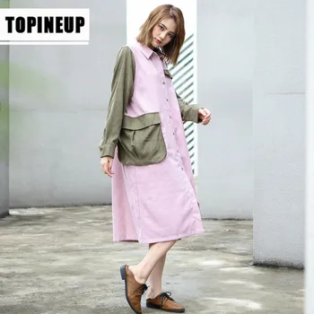 

Women Spring New fashion Loose lapel Stitching big pocket Long women's shirt dress