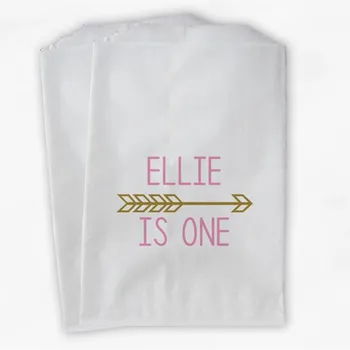 

Custom First Birthday Arrow Personalized Candy Buffet Bags - Girls Custom Favor Bags in Pink and Gold - Paper Treat Bags