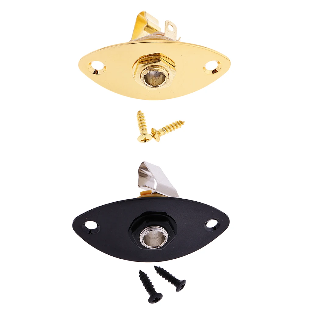 2 Pieces of Set Guitar Jack Plug Plate Electric Guitar Bass Oval Plug Socket with Mounting Screws Black+Golden