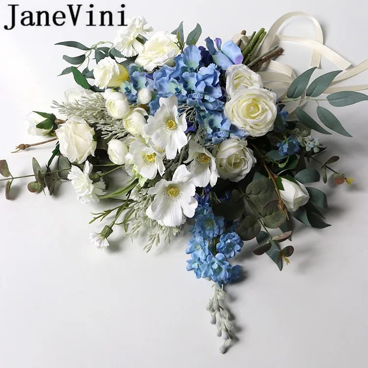 JaneVini, голубые цветы, свадебный букет, букет невесты, шелк, белый, фиолетовый, в руках невесты, цветок ramo de novia, искусственный
