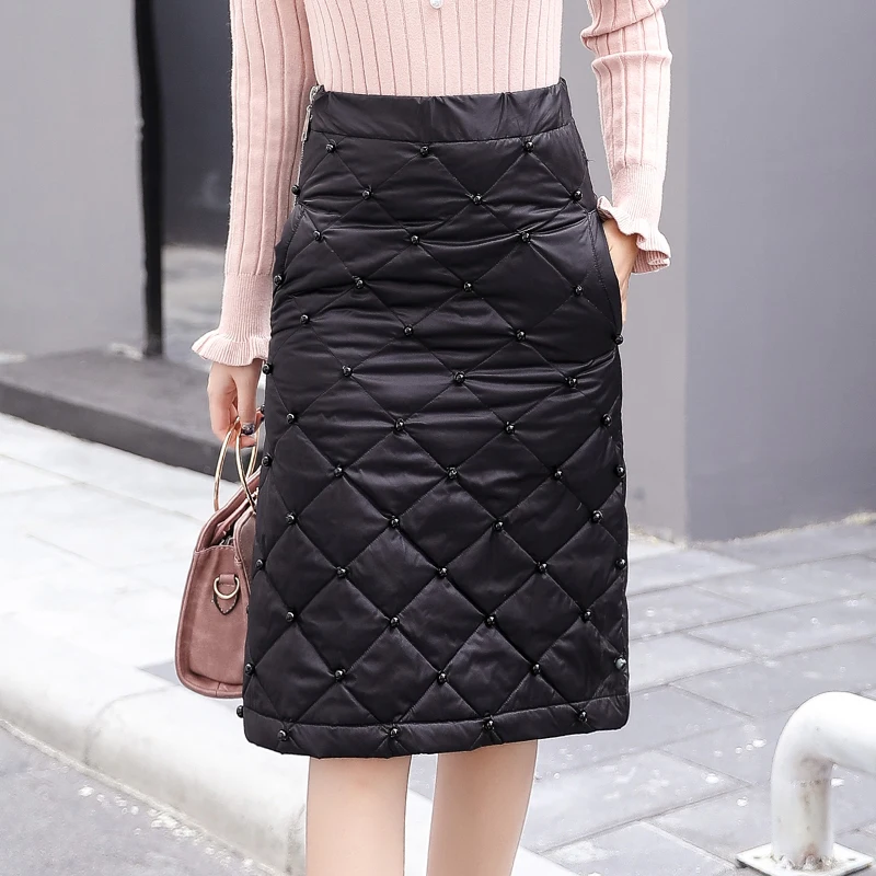 Black 2XL,, хлопковая юбка для женщин, зимняя, размера плюс, с бисером, на молнии, тонкая юбка, длинная, толстая, теплая, длина до колена, женские юбки, элегантные - Цвет: Black