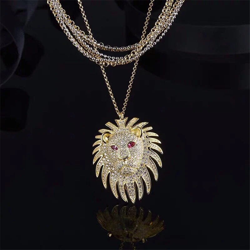 

brand necklace multi-layer chain with gold zircon lion pendant necklace asymmetric ear studs symmetric earrings for woman