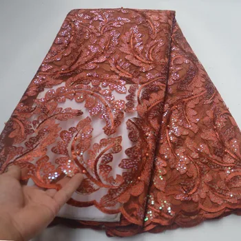 

Hot Sale Embroidery Orange french Sequins lace African Swiss voile lace With Bead Nigerian Tulle Lace Fabric 5yards high quality