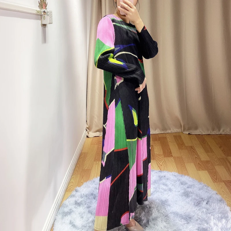 Горячая Miyake модное платье с длинными рукавами и круглым вырезом, платье трапециевидной формы с принтом
