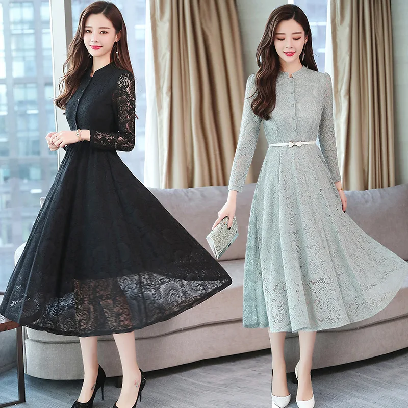 

Autumn 2020 New Women's Dress Slim And Feminine Medium Long Round Neck Long Sleeve Lace Dress