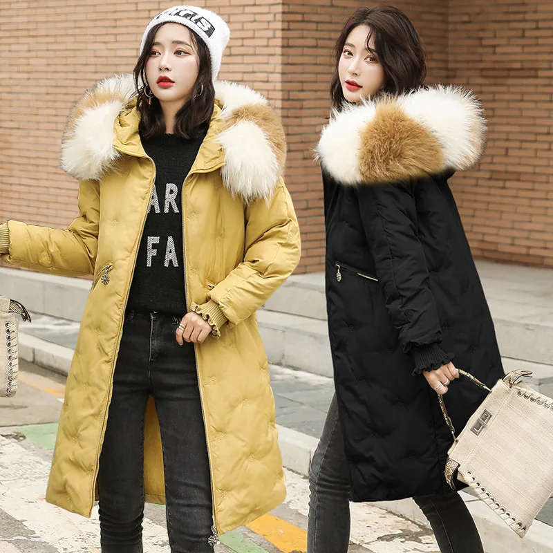 

2019 Thick Warm Cotton-padded Clothes Long Sleeve Hooded Fashion Korean-style High Imitation Large Fur Collar Embroidered Mid-le