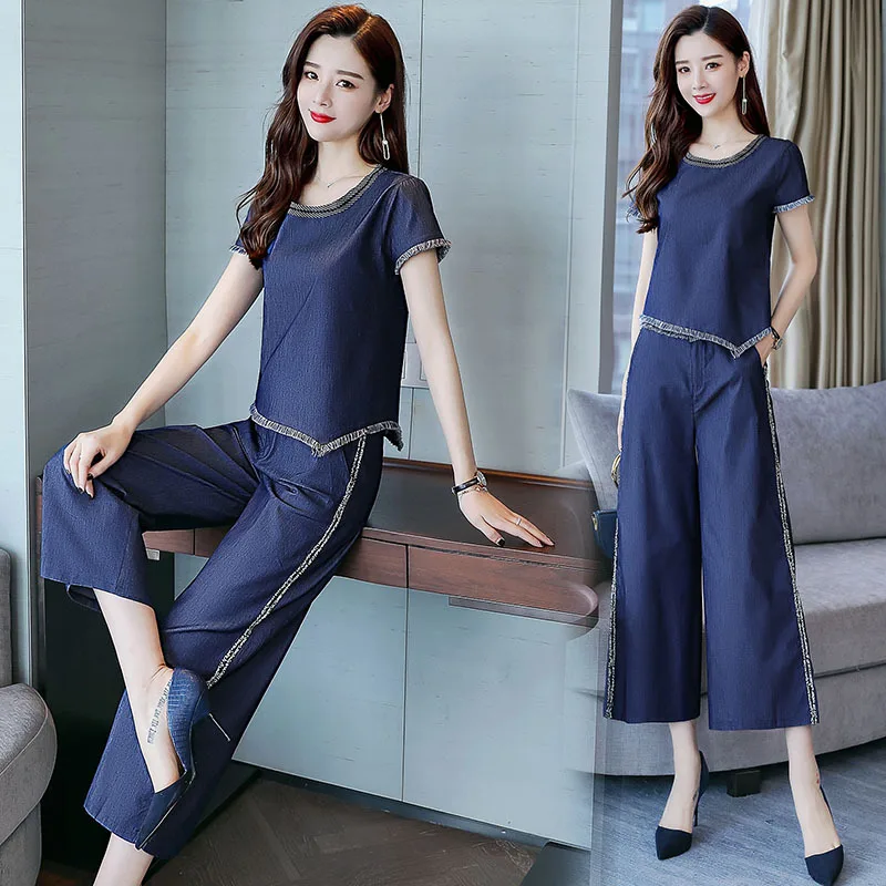 

Pendant Sense Loose Pants WOMEN'S Suit Western Style Summer 2019 New Style High-waisted Drape Denim Culotte Two-Piece Set by Age