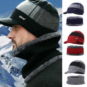 

2020 Soft Scarf Beanie Two Piece Set Winter Thicken Neck Male Hat Knitting Caps Windproof Warmer M5O8
