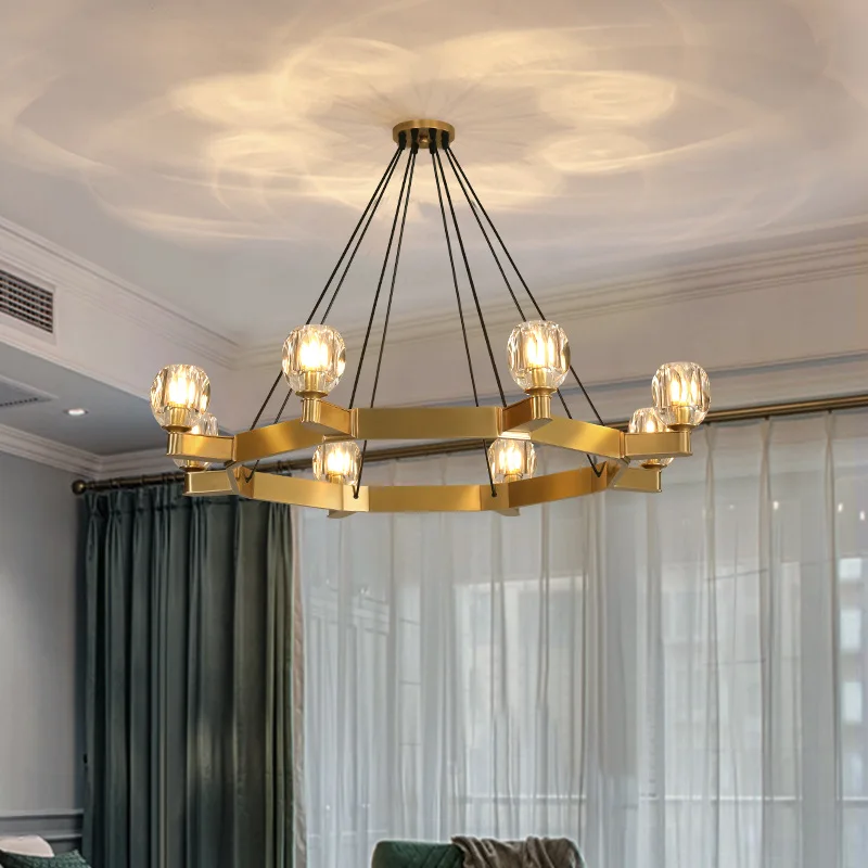 

American Copper Led E14 Chandelier Lustre Living Room K9 Crystal Hanging Chandelier Lighting Adjustable Suspension Lamp