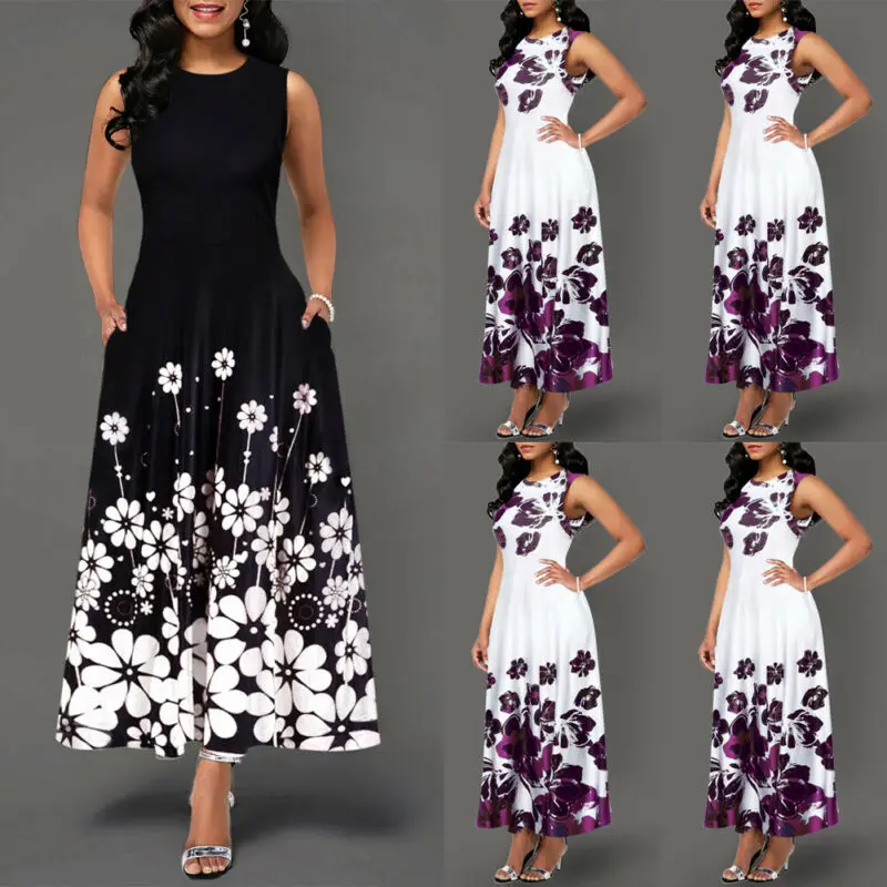 Large Size Elegant Women's Floral Print Long Maxi Dress Evening Party Beach Dress Summer Sleeveless Long Flower Sundress Costume