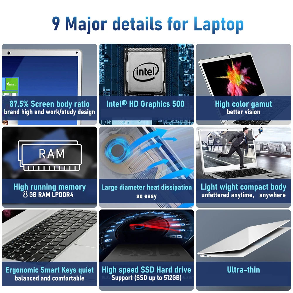 Byone Laptop For Office Laptops 14.1 inch Laptop Intel Celeron J3455 8GB RAM 512G SSD Computer Windows 10 Pro Portable 1080P IPS the latest ultraslim laptops