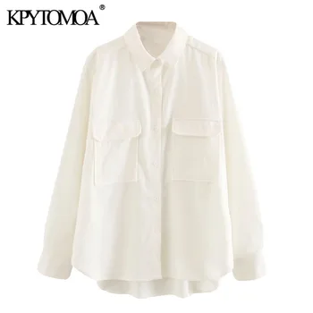

KPYTOMOA Women 2020 Fashion Pockets Loose Blouses Vintage Lapel Collar Long Sleeve Side Vents Female Shirts Blusas Chic Tops